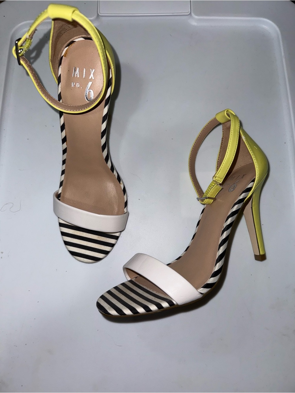 Mix No. 6 Yellow and White Striped Ankle Strap Heels